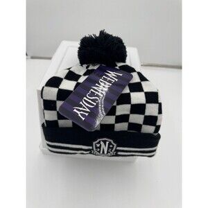WEDNESDAY Addams Knit BEANIE Adult POM Checkerboard Goth Skater NEW Adams Grunge